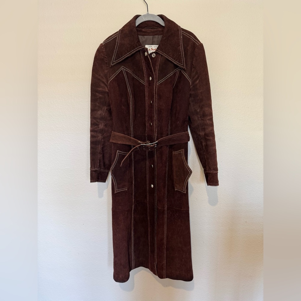 Vintage 1970’s Suede Brown Trench Coat with Belted Waist RARE